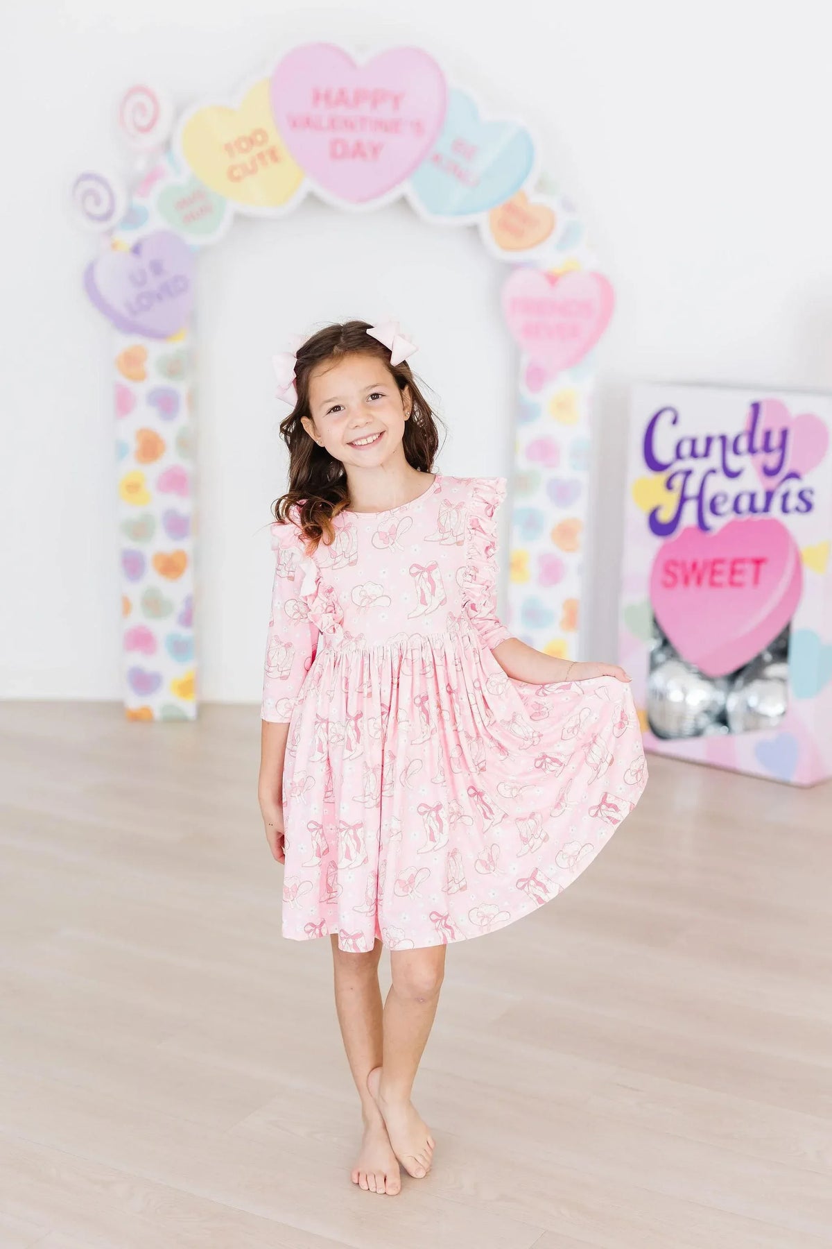 Bubble gum pink girls ruffle dress with 3/4 sleeves by Mila & Rose, size for young girls