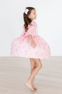 Toddler girls bubble gum pink girls ruffle dress with 3/4 sleeves and twirl skirt