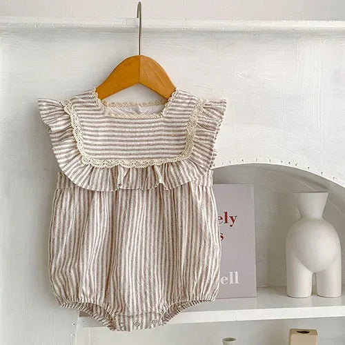 Beige and white striped baby bubble romper with ruffle sleeves and lace trim for infants