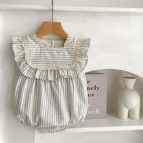 baby gray and white striped bubble romper with ruffle and lace trim for newborns