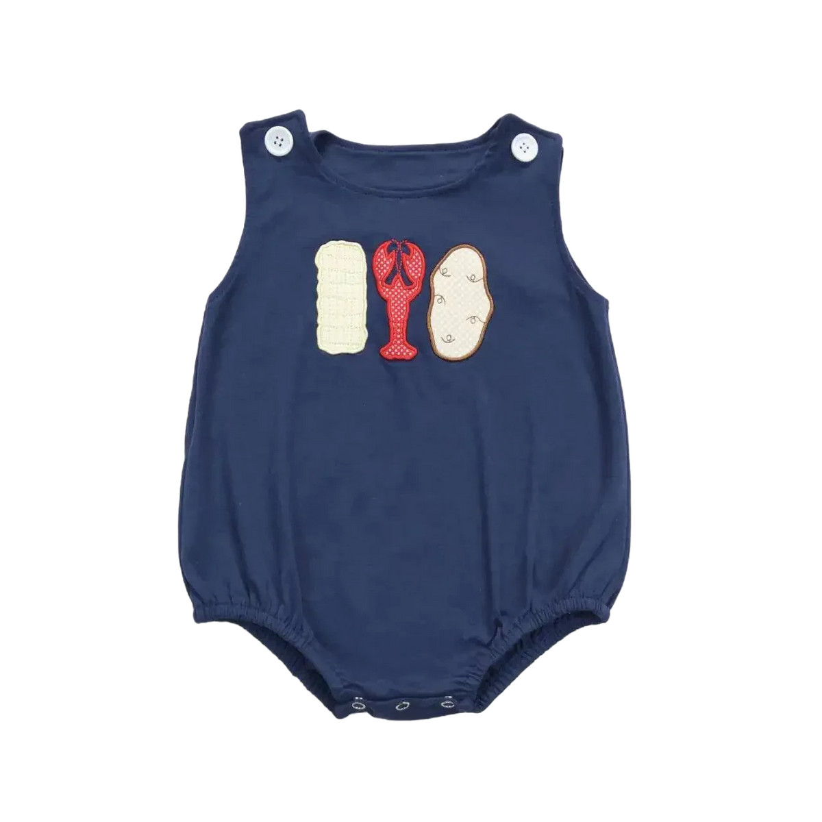 Navy blue baby bubble romper with lobster applique and button straps for infants