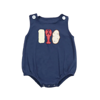 Navy blue baby bubble romper with lobster applique and button straps for infants