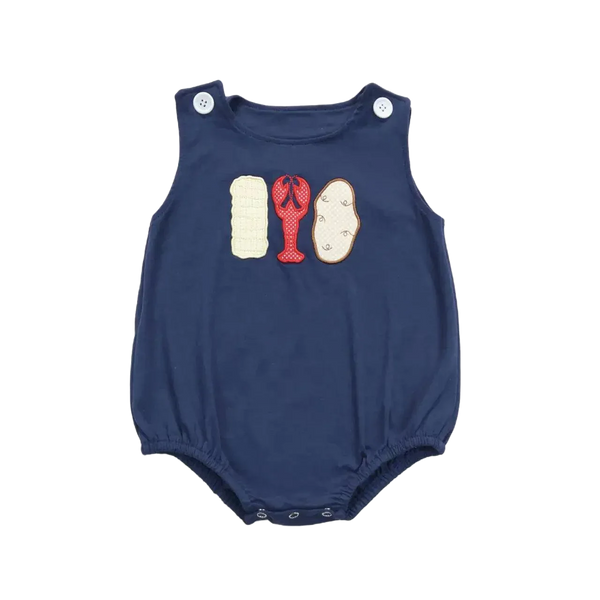 Navy blue baby bubble romper with lobster applique and button straps for infants