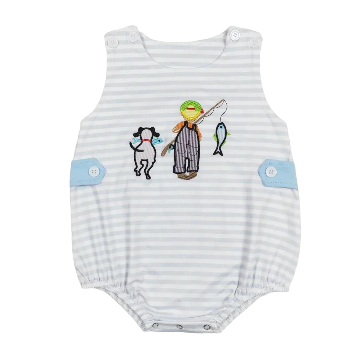 Baby boys white and light gray striped bubble rompers with fishing and dog embroidery
