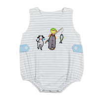 Baby boys white and light gray striped bubble rompers with fishing and dog embroidery