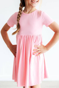 Girls bubblegum pink twirl dress for girls short sleeve with pocket by Mila & Rose