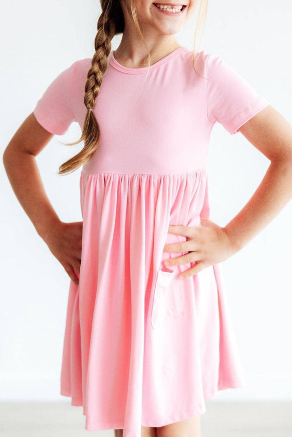 Girls bubblegum pink twirl dress for girls short sleeve with pocket by Mila & Rose