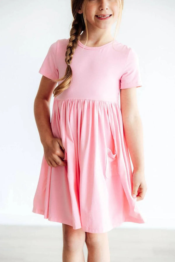Girls bubblegum pink twirl dress for girls short sleeve with pocket by Mila & Rose