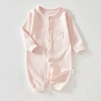 Light pink bunny baby romper for infants with long sleeves and cute bunny patch
