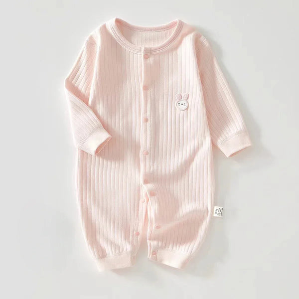 Light pink bunny baby romper for infants with long sleeves and cute bunny patch