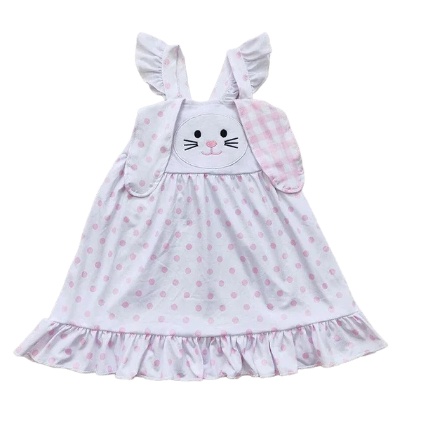 baby girls white and pink bunny dress with polka dots and ruffle hem size 12-24 months