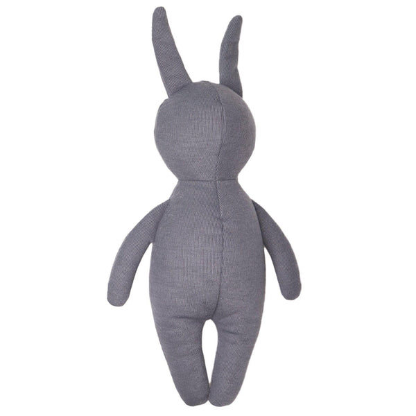 Gray bunny knit plush toy for baby standing upright with long ears and simple design