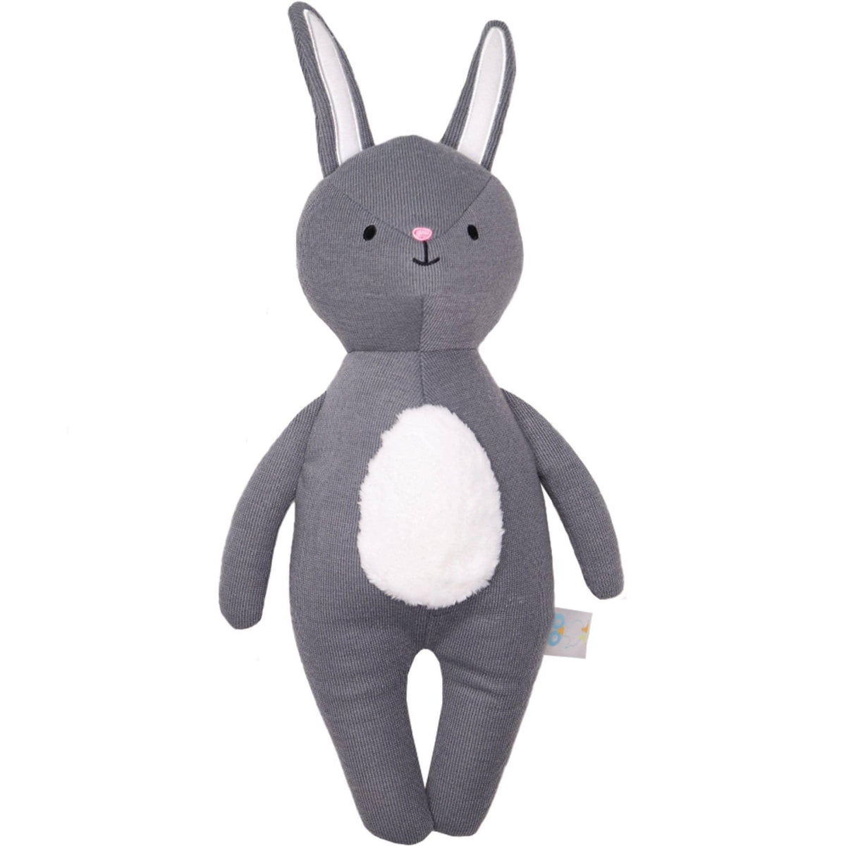 Gray bunny knit plush toy for baby with white belly standing upright for newborns