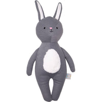 Gray bunny knit plush toy for baby with white belly standing upright for newborns