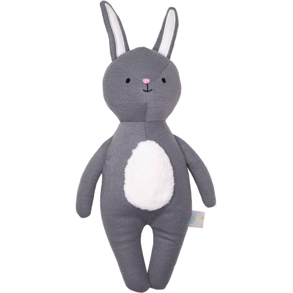 Gray bunny knit plush toy for baby with white belly standing upright for newborns