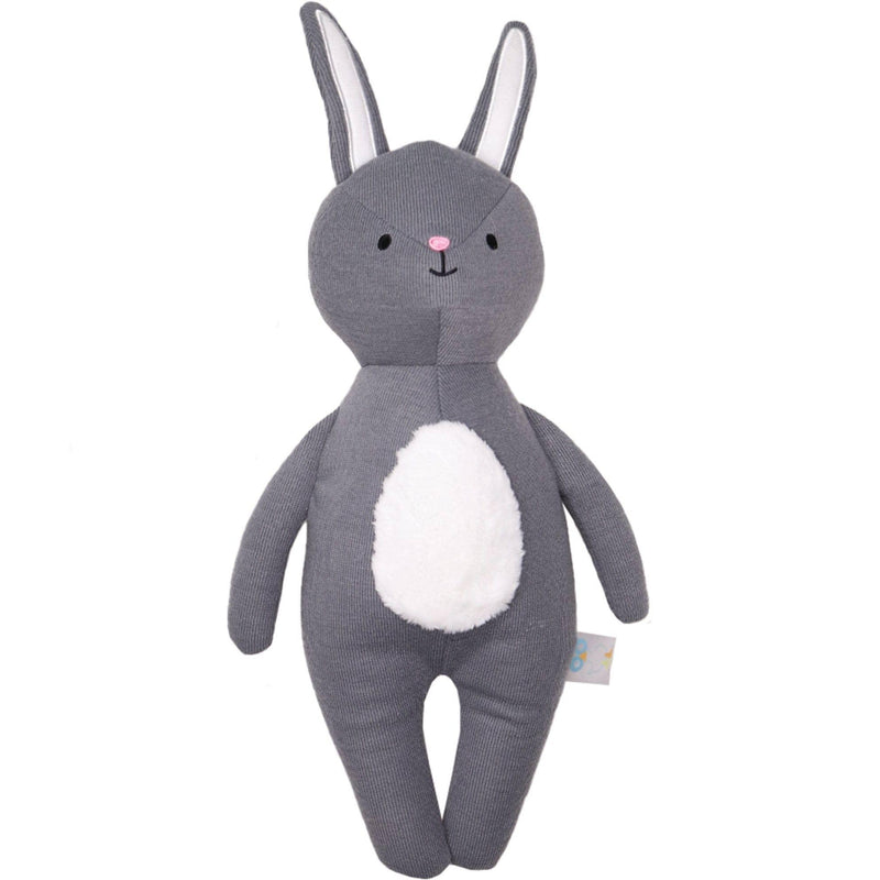 Gray bunny knit plush toy for baby with white belly standing upright for newborns