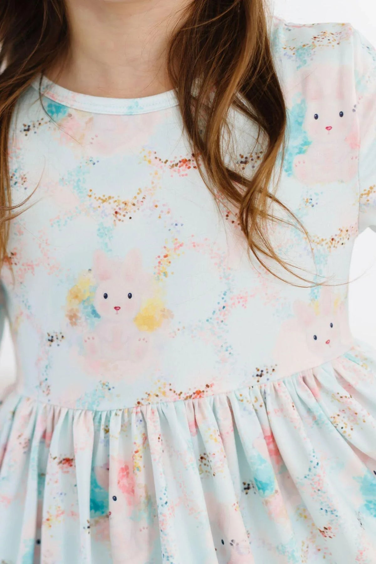 Girls white bunny print girls twirl dress by Mila & Rose with 3/4 sleeves and pastel colors