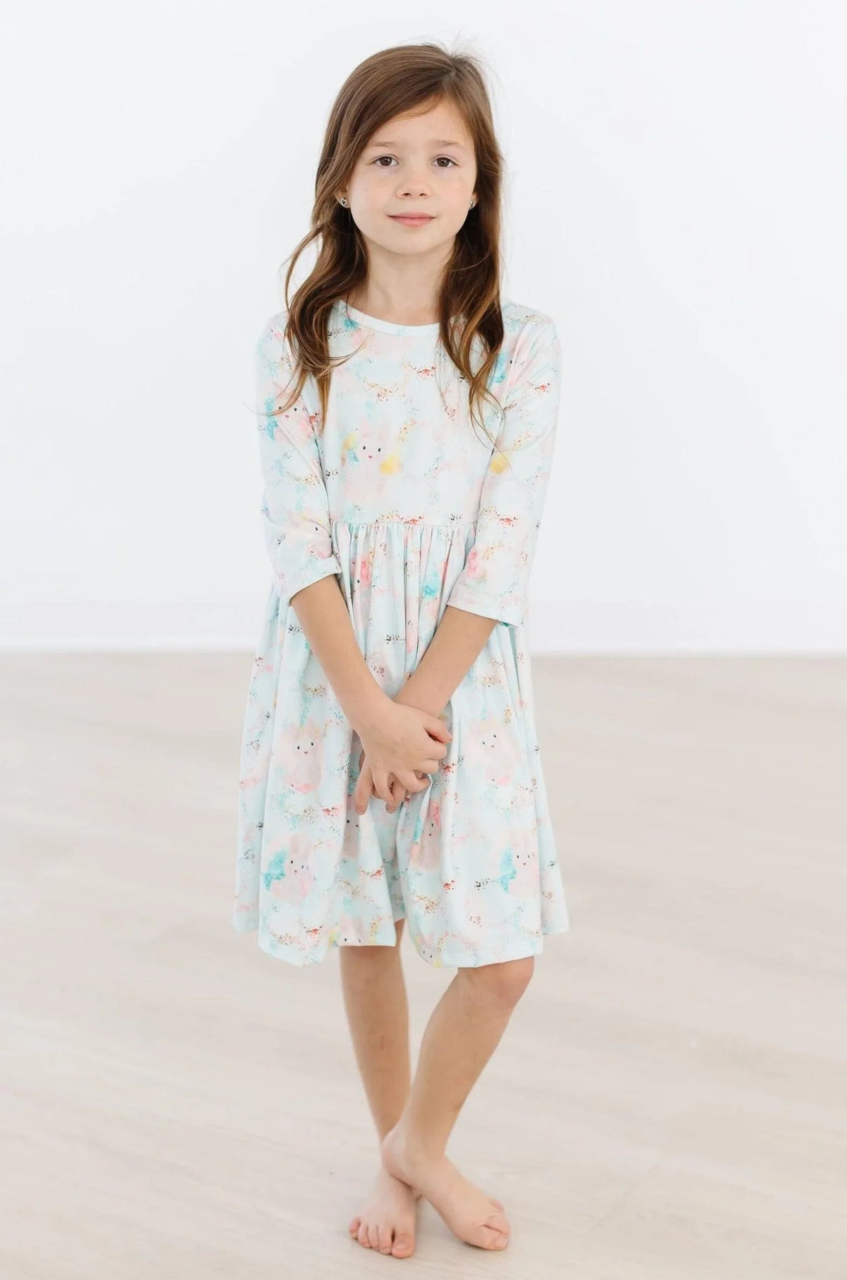 Girls light blue bunny print girls twirl dress with 3 4 sleeves for kids