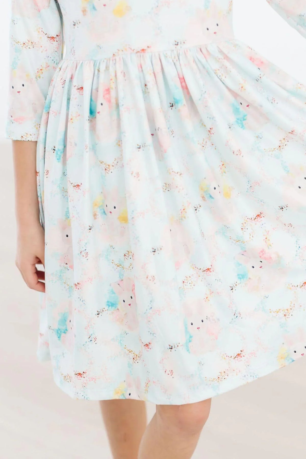 Mila & Rose bunny print girls twirl dress in pastel colors with 3/4 sleeves for toddlers