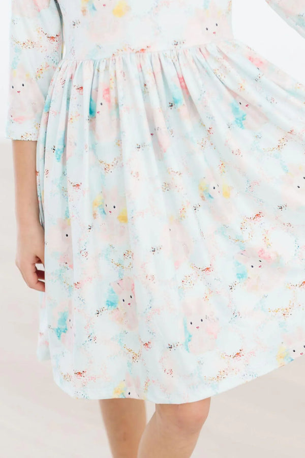 Mila & Rose bunny print girls twirl dress in pastel colors with 3/4 sleeves for toddlers