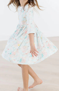 Girls light blue bunny print girls twirl dress 3/4 sleeve by Mila & Rose