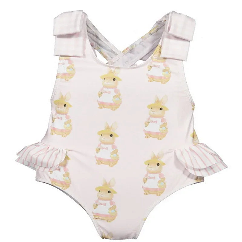 Girls pink bunny swimsuit for girls with ruffle details and bow straps, toddler size