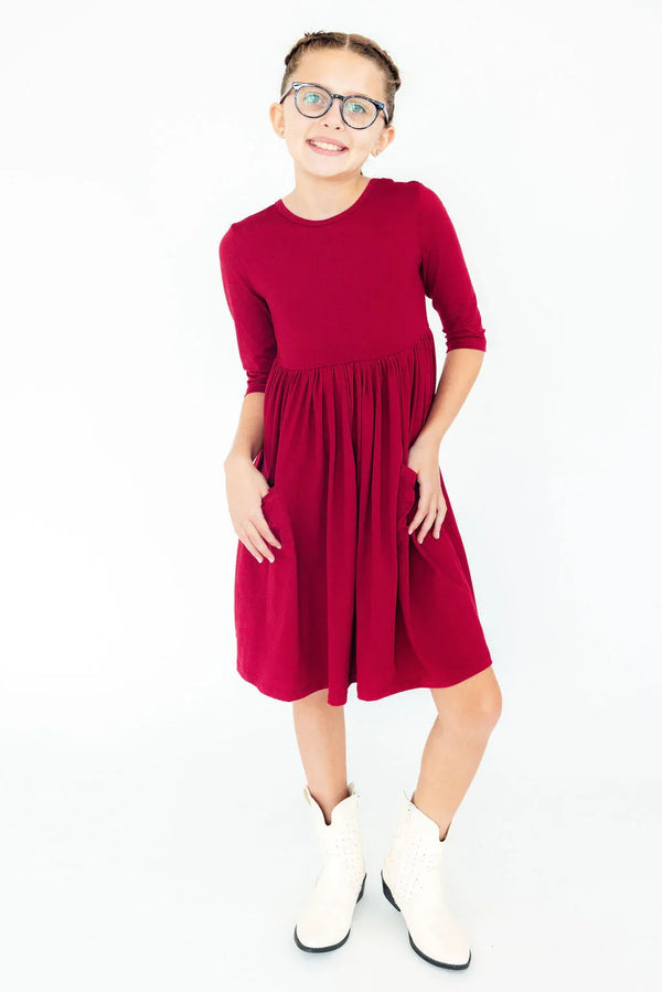 Girls burgundy twirl dress for girls with 3/4 sleeves knee length by Mila & Rose