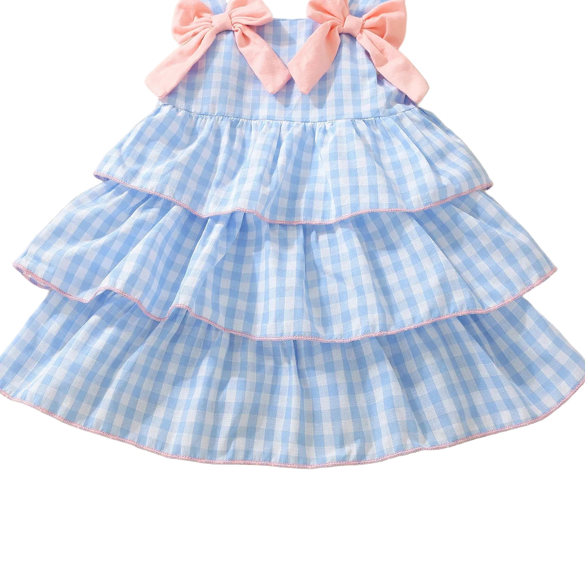 baby girls blue gingham tiered dress with pink bows sleeveless summer dress business casual dress men