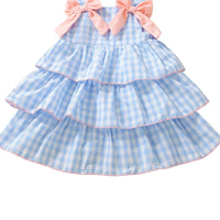 baby girls blue gingham tiered dress with pink bows sleeveless summer dress business casual dress men