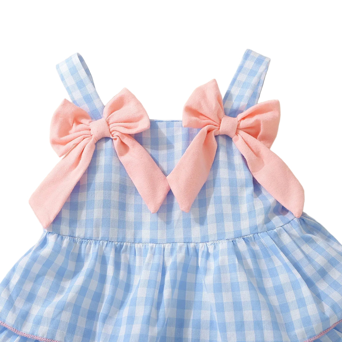 baby girls blue gingham dress with pink bows sleeveless casual summer outfit