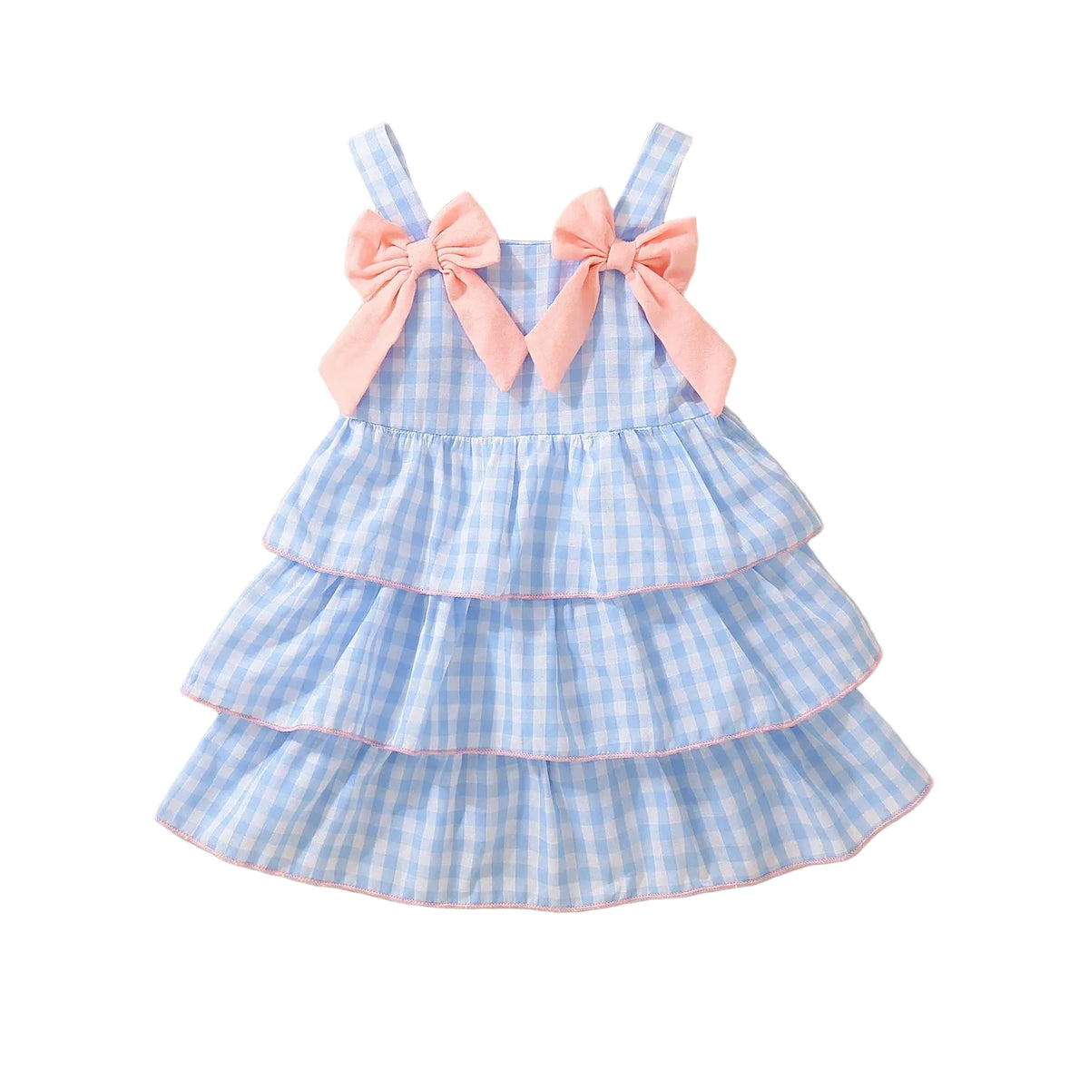 baby girls blue gingham dress with pink bows and tiered ruffle skirt size 12-24 months
