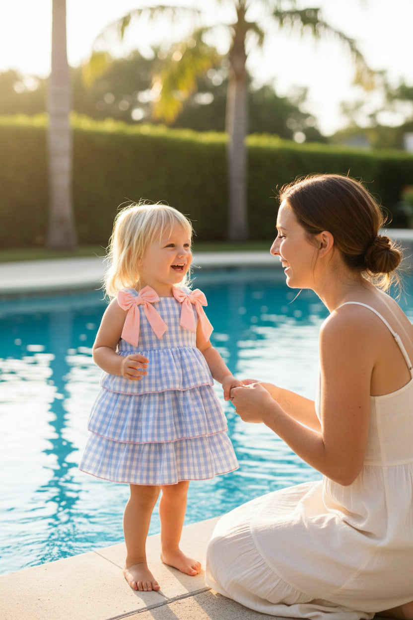 toddler girl blue gingham dress with pink bows sleeveless by poolside with woman