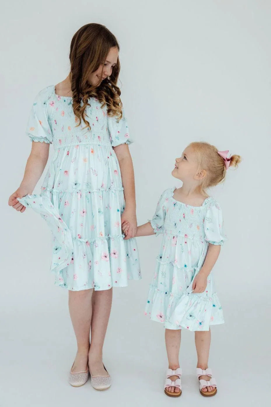 Girls light blue smocked ruffle dress with floral print butterfly dress for girls, short sleeve
