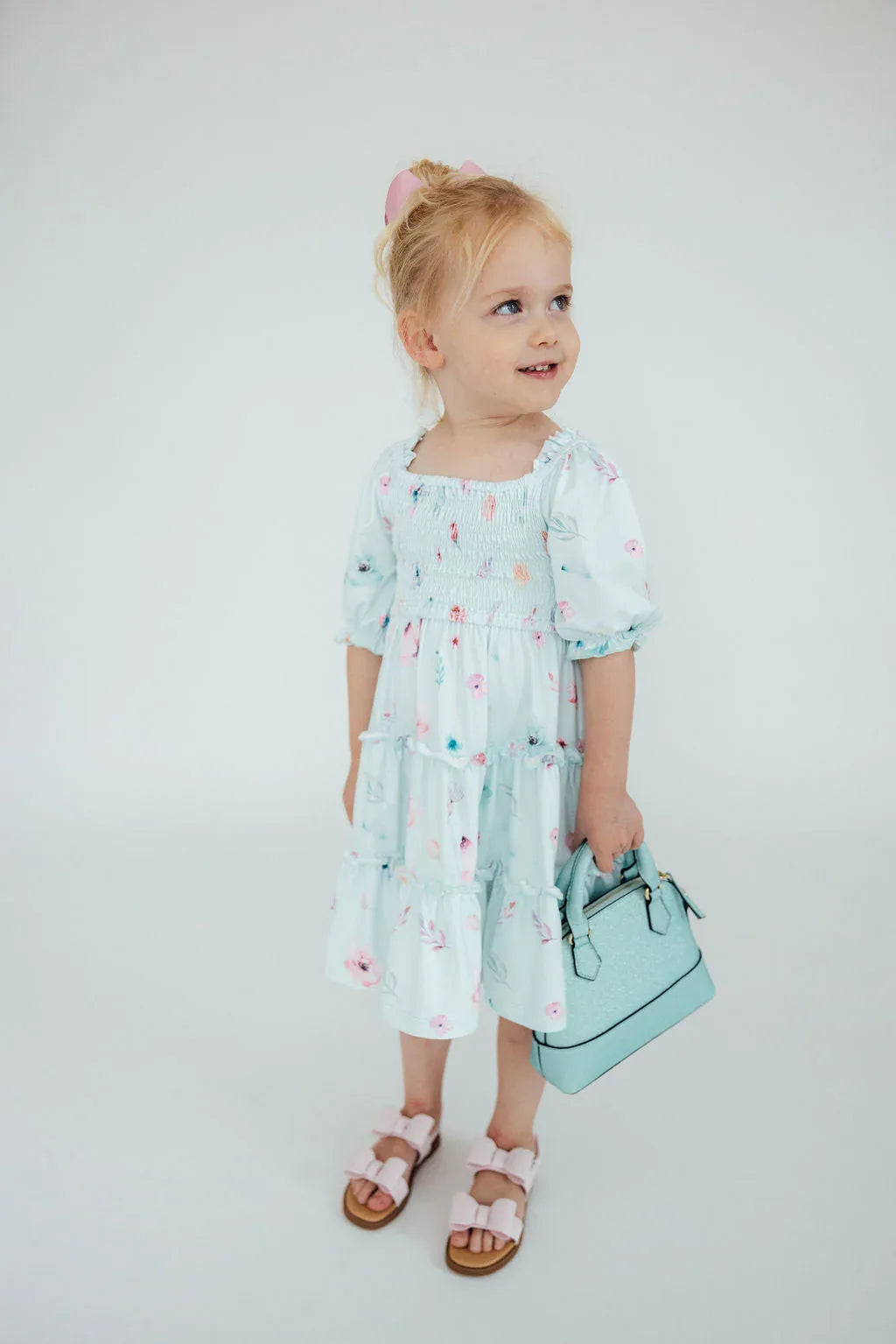 Mila & Rose girls light blue butterfly dress for girls with smocked bodice and ruffle tiers