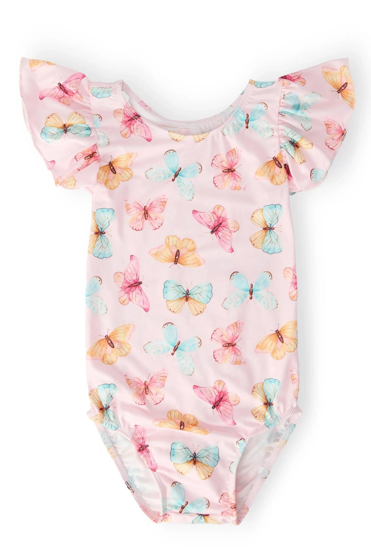 pink butterfly flutter sleeve baby leotard with multicolor butterflies laid flat