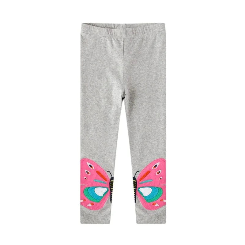 Girls gray butterfly leggings for girls with pink and blue butterfly wing details on knees