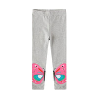 Girls gray butterfly leggings for girls with pink and blue butterfly wing details on knees
