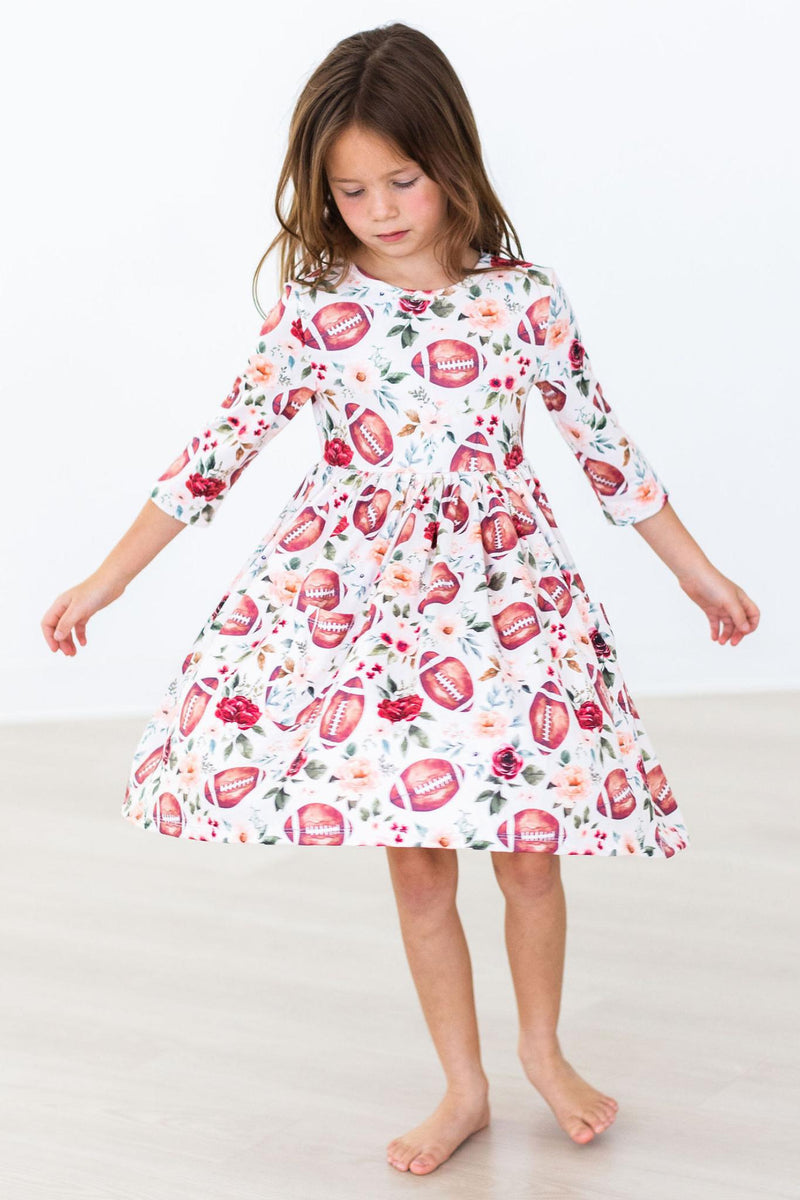 Footballs & Flowers 3/4 Sleeve Girls Pocket Twirl Dress