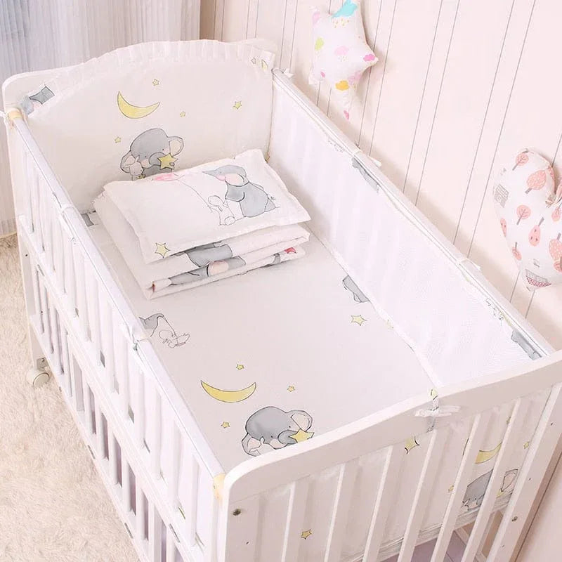 white baby crib bedding set with gray elephants and yellow moons for infants