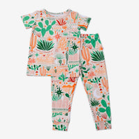 The Second-Skin 2-Piece Short Sleeve Pajama in Desert Cactus (Beige) with green and orange cactus print.