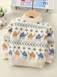 cream boys knit sweater with blue and brown camel pattern for toddlers