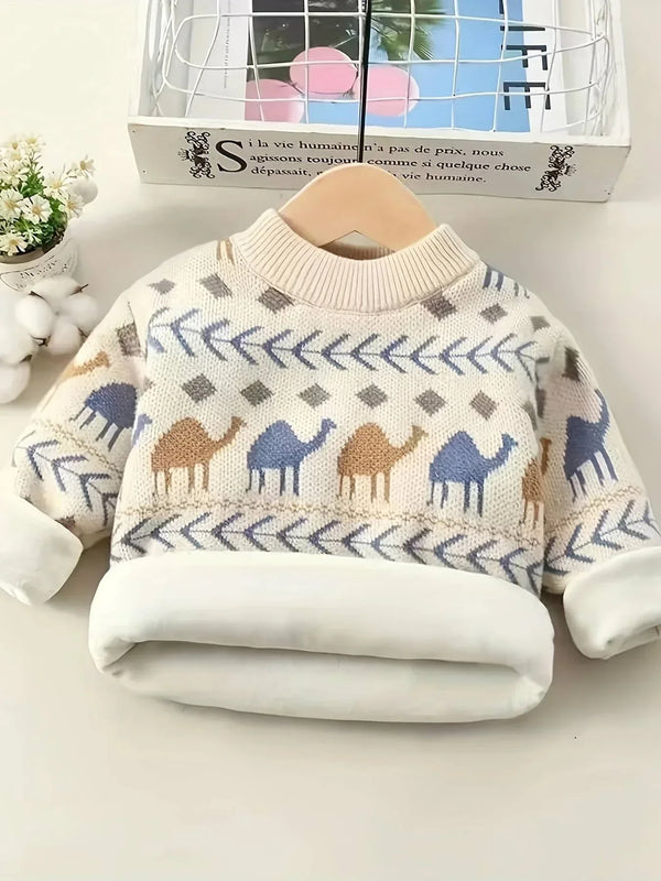 cream boys knit sweater with blue and brown camel pattern for toddlers folded on hanger
