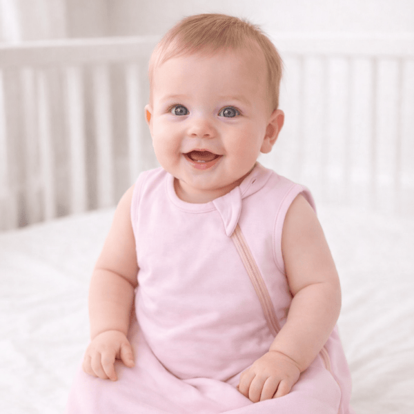 Baby in a pink outfit sitting on a white bed