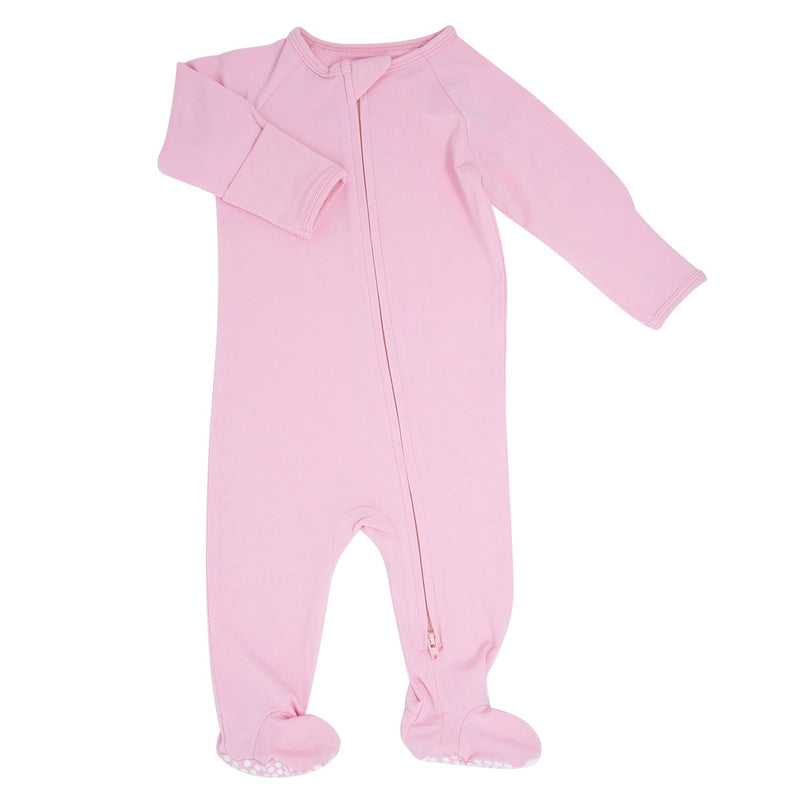 Pink baby onesie with a zipper on a white background