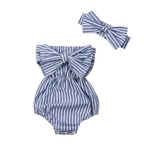 baby summer romper in blue and white stripes with large bow detail and matching headband