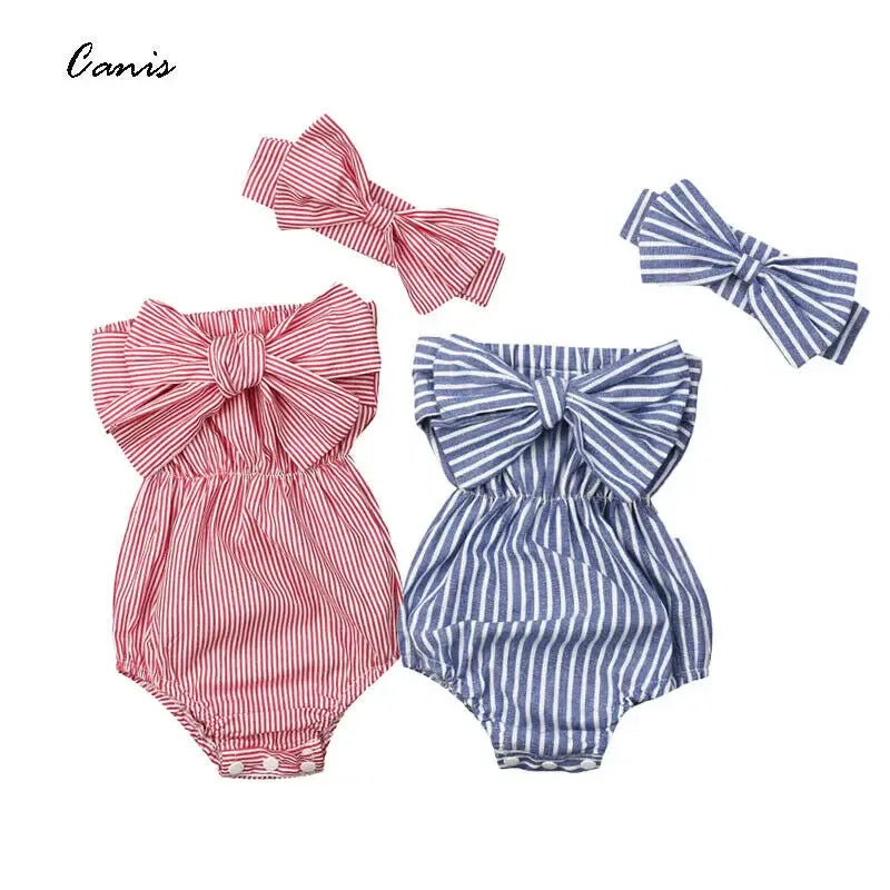 Red and blue striped baby summer romper with large front bow and matching headband for infants