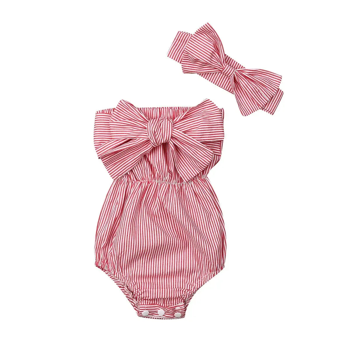 baby girls red and white striped summer romper with large bow detail and matching headband