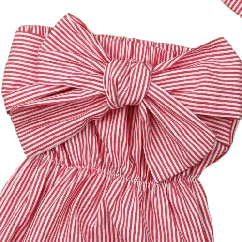 baby girls red and white striped summer romper with large front bow detail