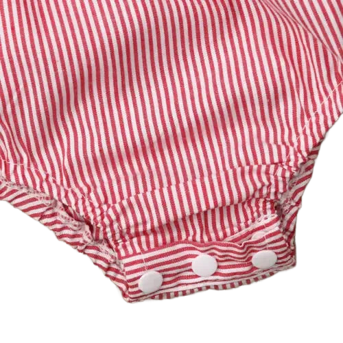 baby red and white striped summer romper with snap buttons for easy diaper changes