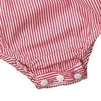 baby red and white striped summer romper with snap buttons for easy diaper changes